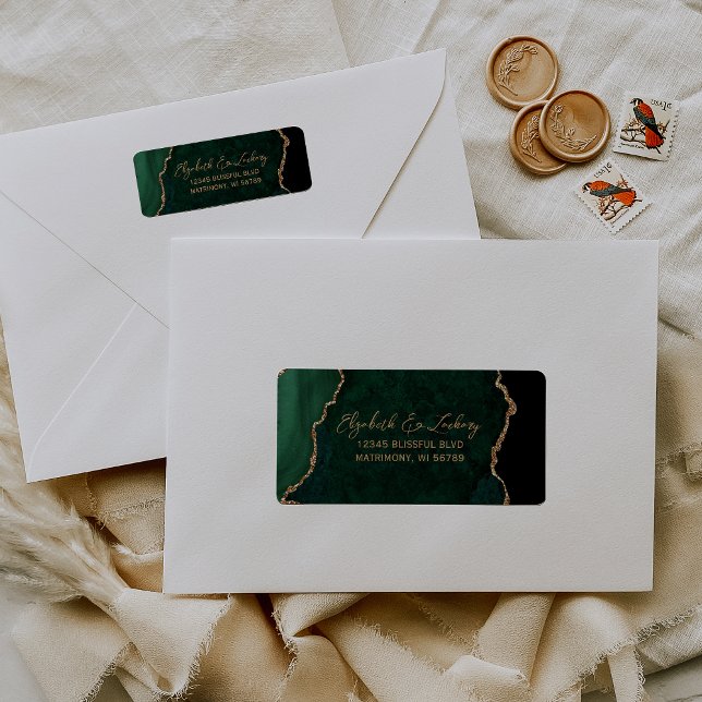 Emerald Green Agate Script Wedding Return Address Label (Creator Uploaded)