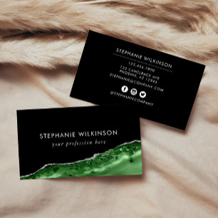 Emerald Green Agate & Silver Glitter Border Black Business Card
