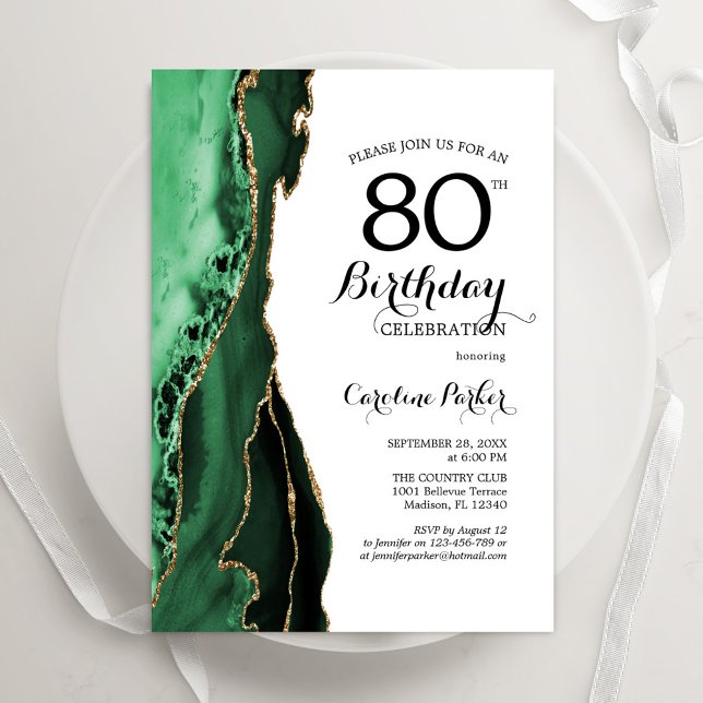 Emerald Green Agate White Gold 80th Birthday Invitation (Creator Uploaded)