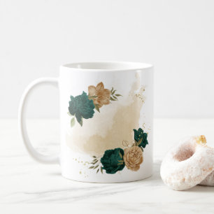 emerald green and beige gold flowers coffee mug