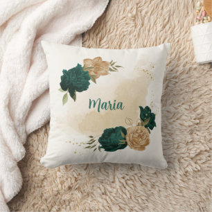 emerald green and beige gold flowers  cushion