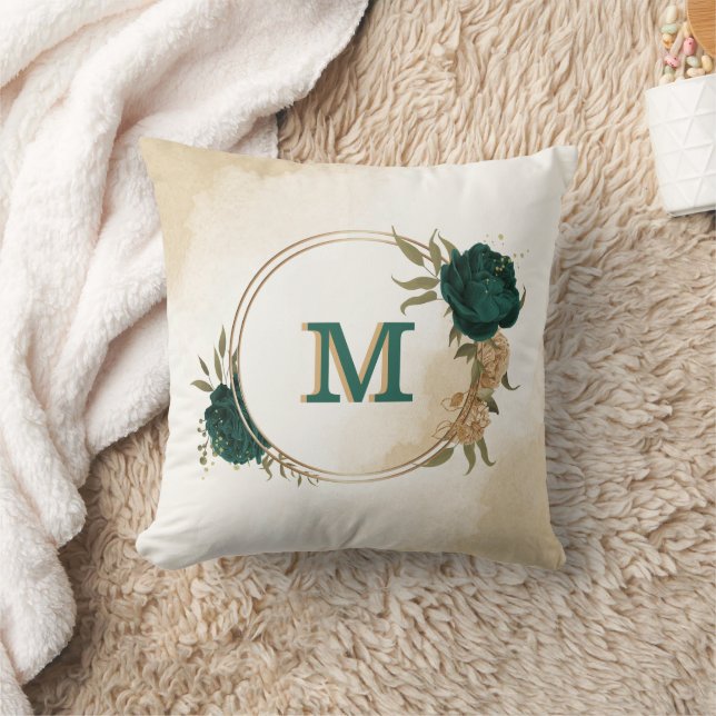 emerald green and beige gold flowers  cushion (Blanket)