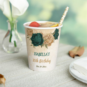 emerald green and beige gold flowers  paper cups