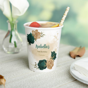 emerald green and beige gold flowers  paper cups