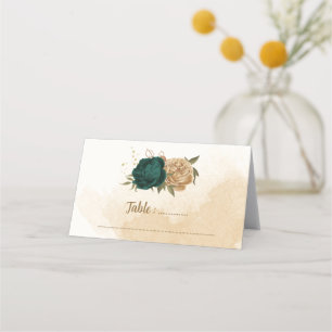 emerald green and beige gold flowers place card