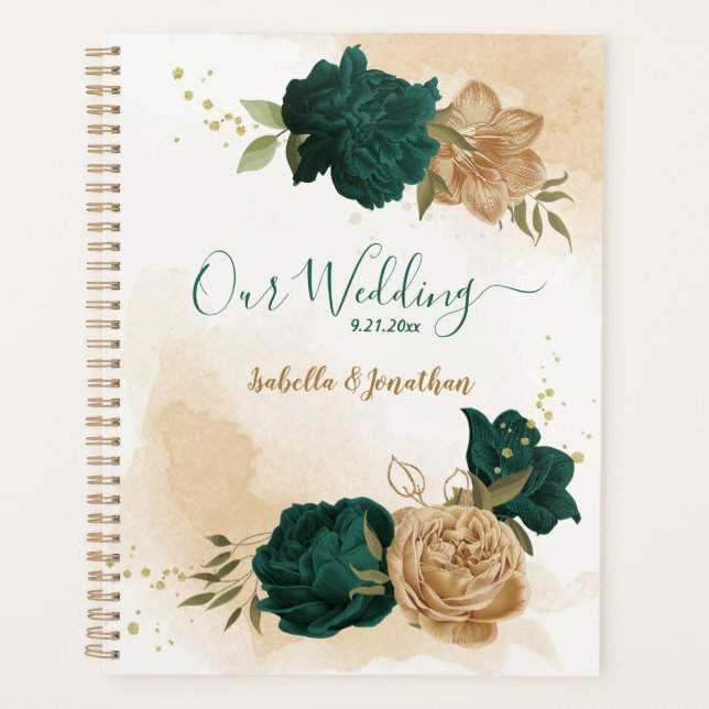 emerald green and beige gold flowers  planner (Front)