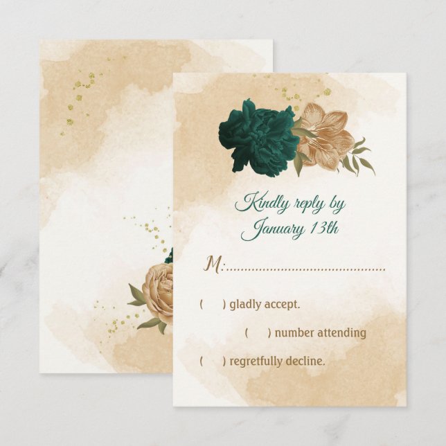 emerald green and beige gold flowers RSVP card (Front/Back)
