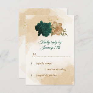 emerald green and beige gold flowers RSVP card