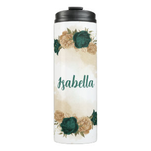 emerald green and beige gold flowers thermal tumbler
