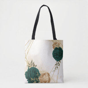 emerald green and beige gold flowers tote bag