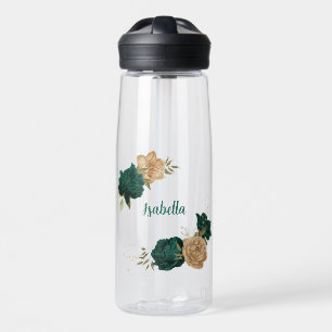 emerald green and beige gold flowers water bottle