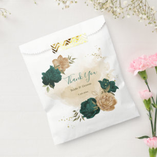 emerald green and beige gold flowers wedding favour bag