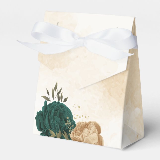 emerald green and beige gold flowers wedding favour box (Front Side)
