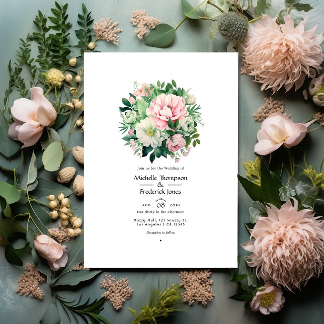 Emerald Green and Blush Pink Floral Wedding Invitation (Creator Uploaded)