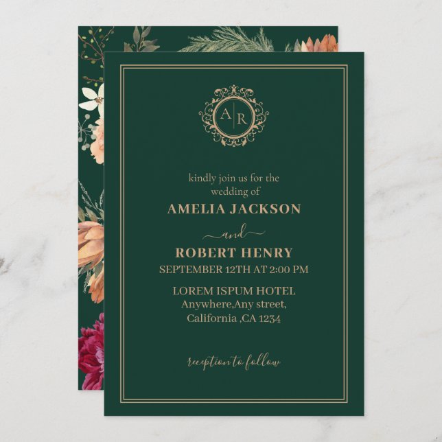 Emerald green and burgundy floral fall wedding invitation (Front/Back)