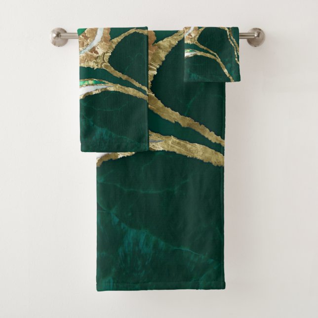Emerald Green and Gold abstract Bath Towel Set (Insitu)