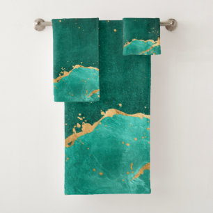 Emerald Green and Gold abstract Bath Towel Set