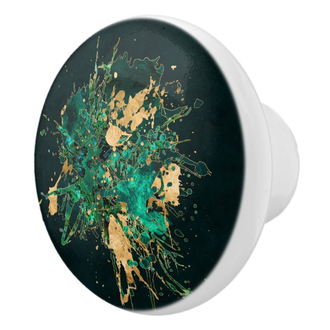 Emerald Green and Gold abstract Ceramic Knob (Right)