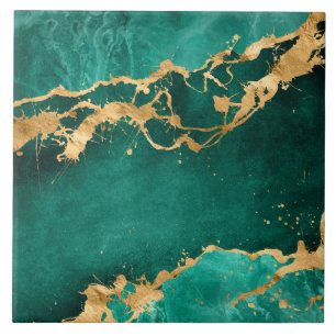 Emerald Green and Gold abstract Ceramic Tile