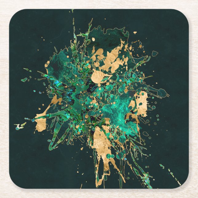 Emerald Green and Gold abstract Square Paper Coaster (Front)