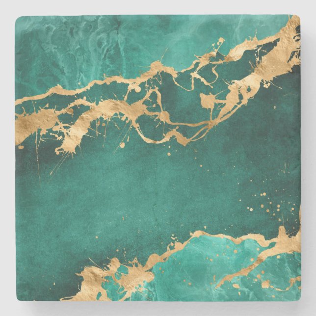 Emerald Green and Gold abstract Stone Coaster (Front)