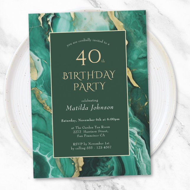 Emerald Green and Gold Agate 40th Birthday Invitation (Emerald Green and Gold Agate 40th Birthday Invitation)