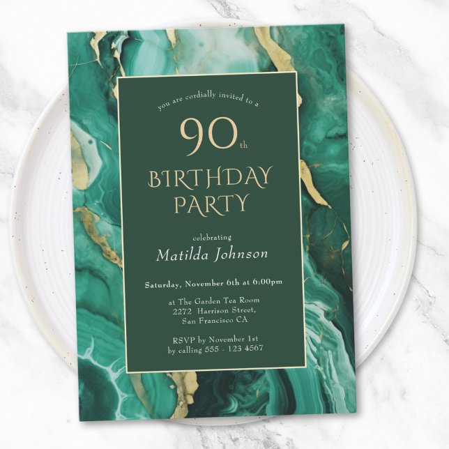 Emerald Green and Gold Agate 90th Birthday Invitation (Emerald Green and Gold Agate 90th Birthday Invitation)