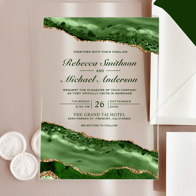 Emerald Green and Gold Agate Marble Wedding Acrylic Invitations (Creator Uploaded)