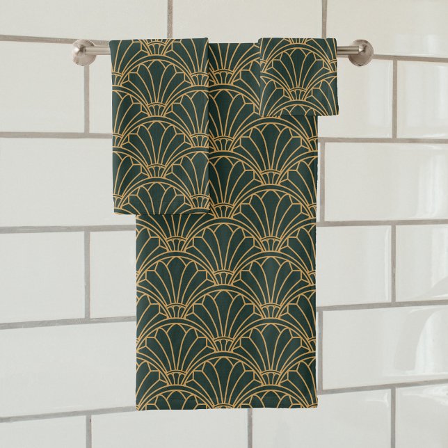Emerald Green and Gold Art Deco Fan Flower Motif Bath Towel Set (Creator Uploaded)