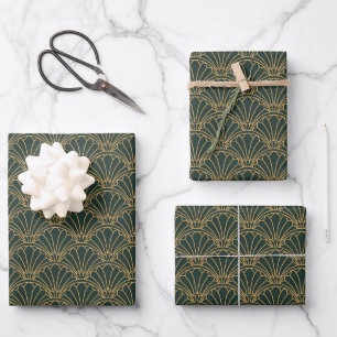 Emerald Green and Gold Art Deco Fan Flower Motif Wrapping Paper Sheet