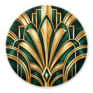 Emerald Green and Gold Art Deco Geometric Ceramic Knob