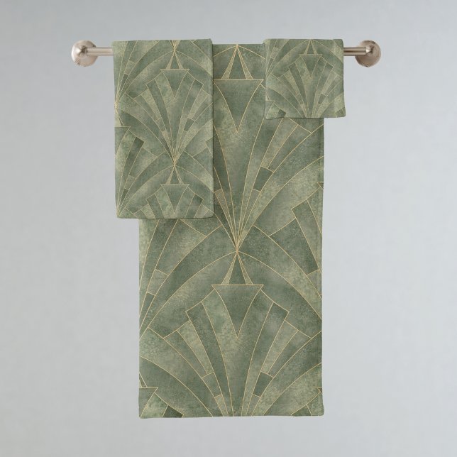 Emerald Green and Gold Art Deco Pattern Bath Towel Set (Creator Uploaded)