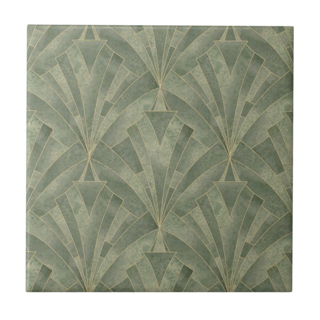 Emerald Green and Gold Art Deco Pattern Ceramic Tile (Front)