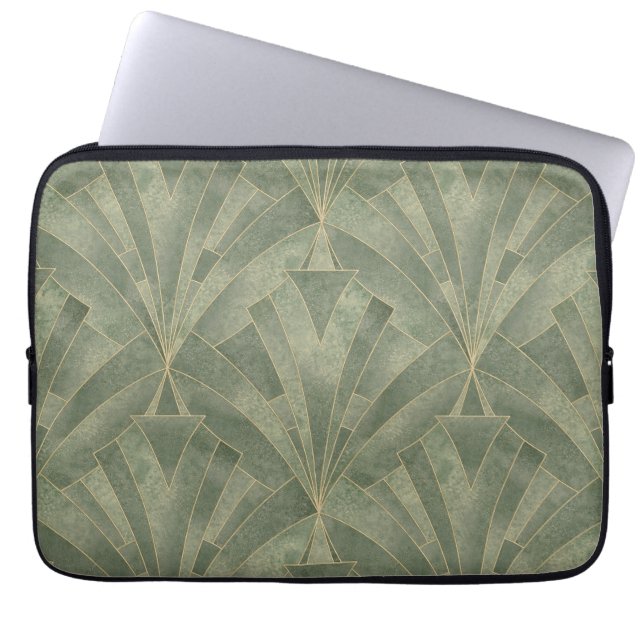 Emerald Green and Gold Art Deco Pattern Laptop Sleeve (Front)