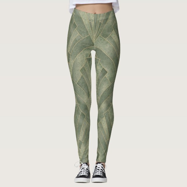 Emerald Green and Gold Art Deco Pattern Leggings (Front)