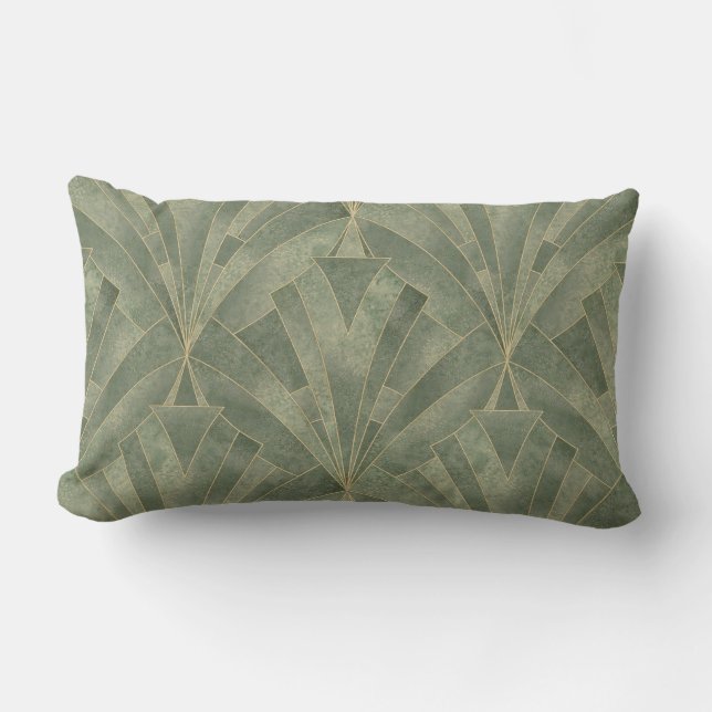 Emerald Green and Gold Art Deco Pattern Lumbar Cushion (Front)