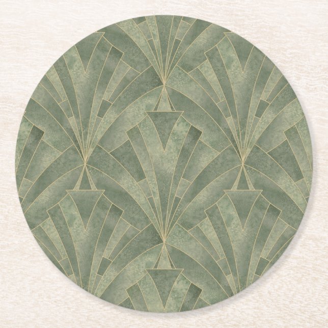 Emerald Green and Gold Art Deco Pattern Round Paper Coaster (Front)