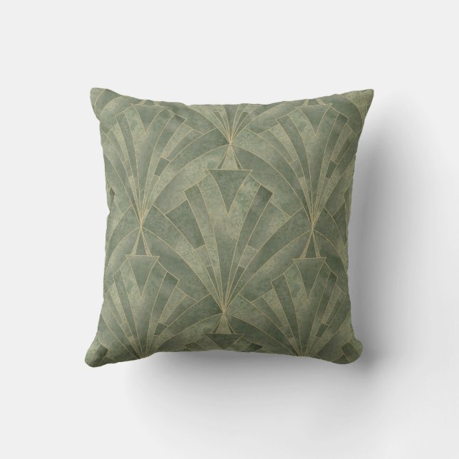 Emerald Green and Gold Art Deco Pattern Throw Pill Cushion (Back)