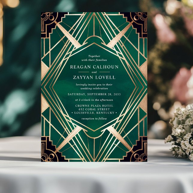 Emerald Green and Gold Art Deco Wedding Invitation (Creator Uploaded)