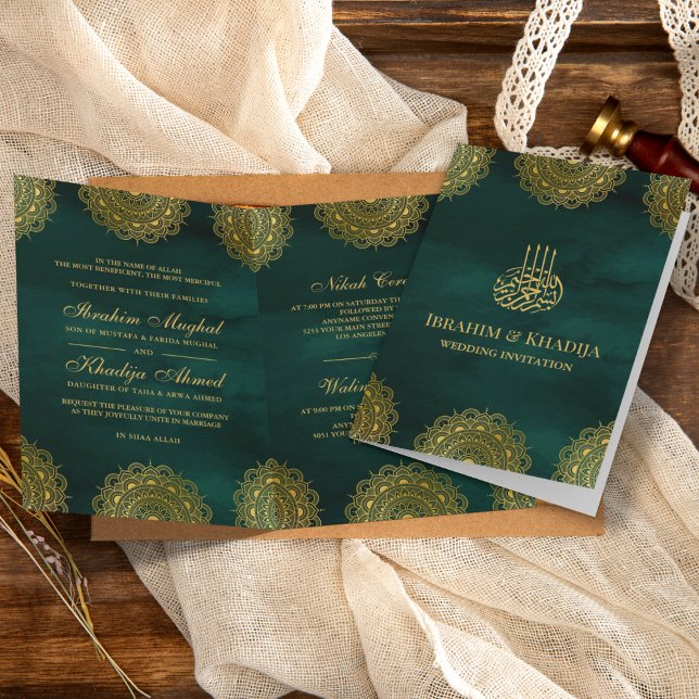 Emerald Green and Gold Asian Motif Muslim Wedding Invitation (Creator Uploaded)