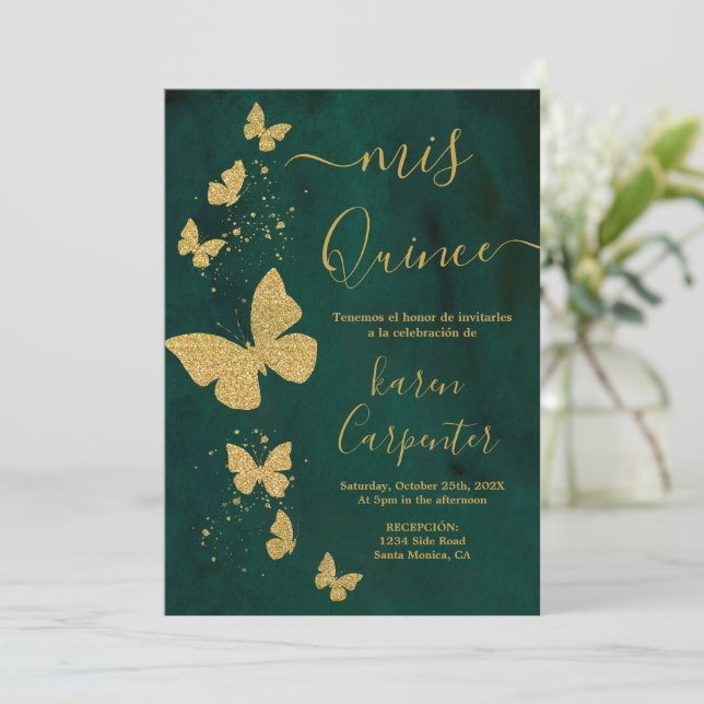 Emerald Green and Gold Butterfly Quinceanera Invitation (Standing Front)