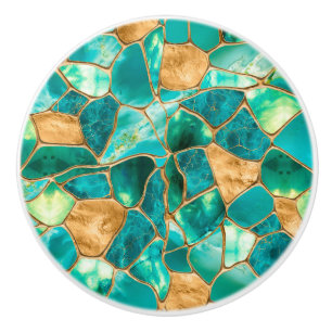 Emerald Green and Gold cells abstract Ceramic Knob