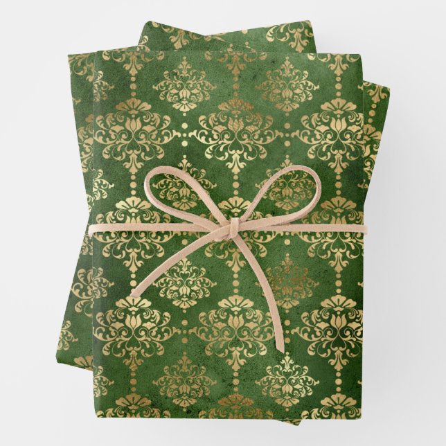 Emerald Green and Gold Damask Christmas Wrapping Paper Sheet (In situ)