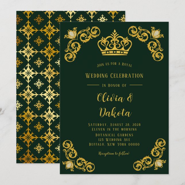 Emerald Green and Gold Damask Royal Wedding Invitation (Front/Back)