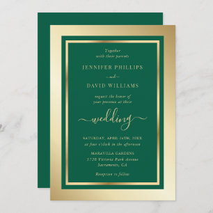 Emerald Green and Gold Elegant Script Wedding Invitation