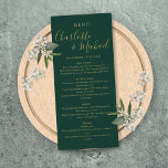 Emerald Green And Gold Elegant Script Wedding Menu<br><div class="desc">Elegant emerald green and gold signature wedding menu card featuring signature style names,  this modern menu card can be personalised with your information in chic gold lettering. Designed by Thisisnotme©</div>