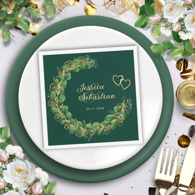 Emerald Green and Gold Eucalyptus Elegant Wedding Napkin (Creator Uploaded)