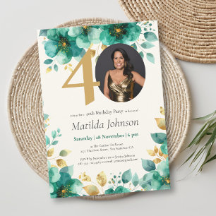 Emerald Green and Gold Floral 40th Birthday  Invitation