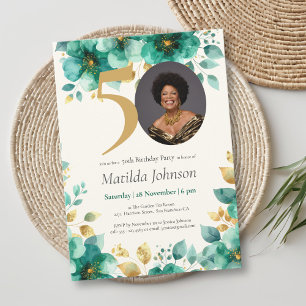 Emerald Green and Gold Floral 50th Birthday  Invitation