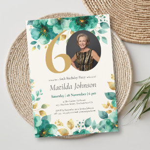 Emerald Green and Gold Floral 60th Birthday  Invitation
